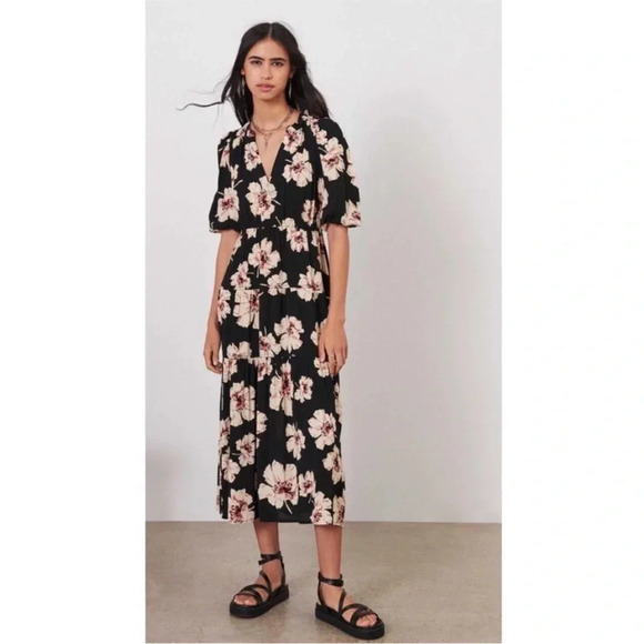 ba&sh Lady Midi Dress Kory Floral Size XS Black Cream - Picture 1 of 10